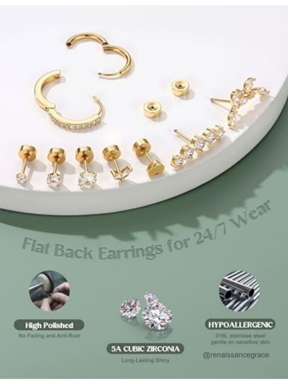 14K Gold Plated Hypoallergenic Flat Back Earrings Set for Sensitive Ears